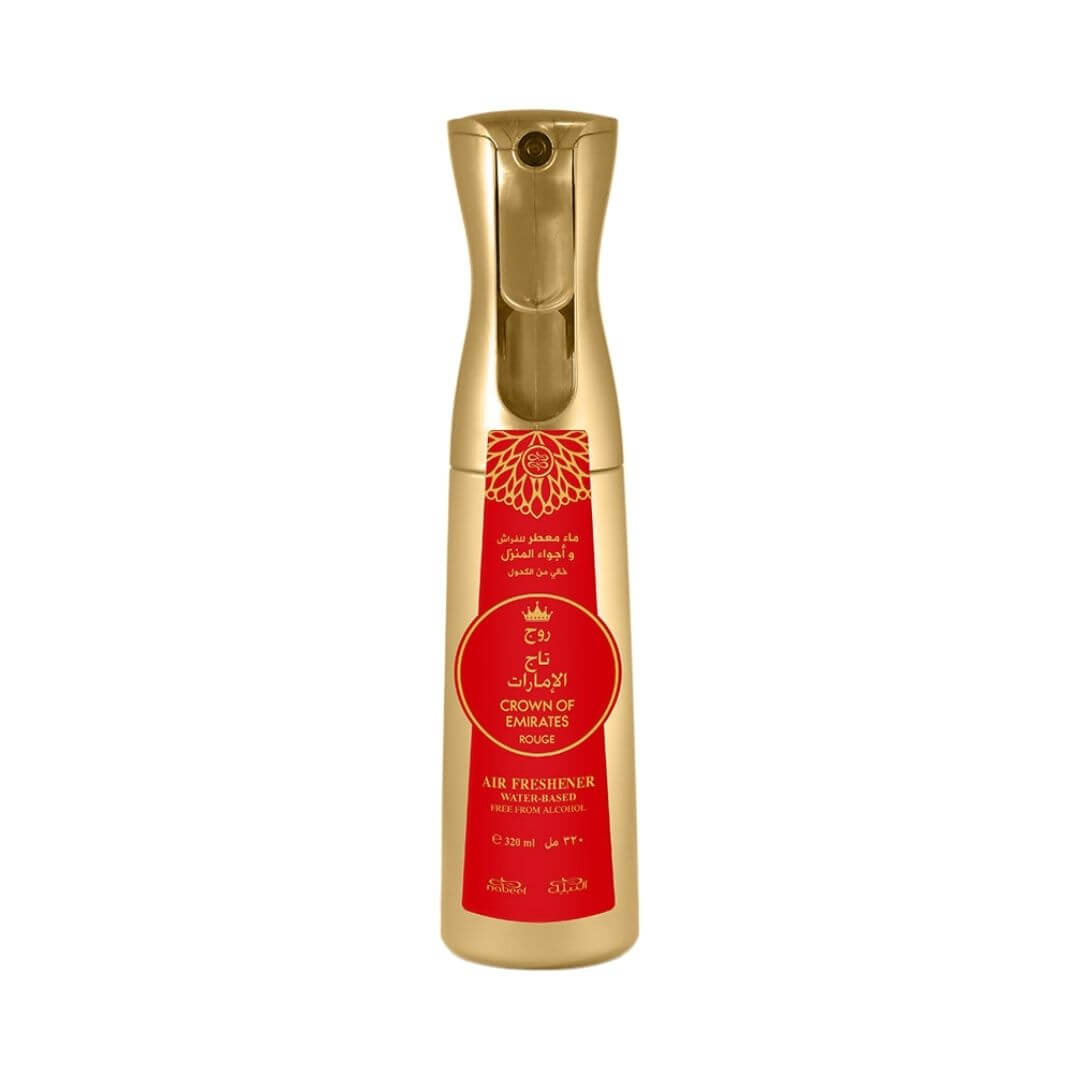 Gold air freshener bottle with red sticker that has Nabeel and Crown of Emirates Rouge branding on a white background.