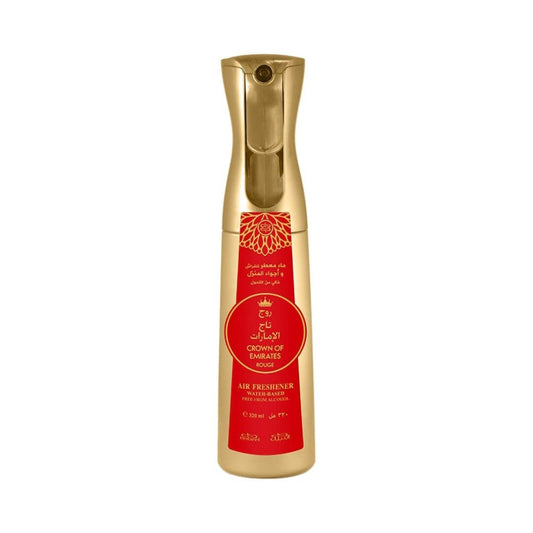 Gold air freshener bottle with red sticker that has Nabeel and Crown of Emirates Rouge branding on a white background.