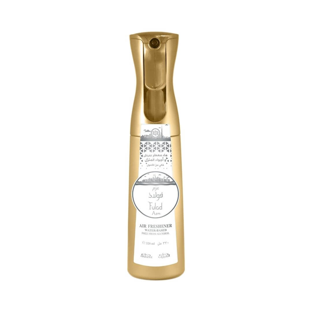 Gold air freshener bottle with white sticker that has Nabeel and Fulad Azm branding on a white background.