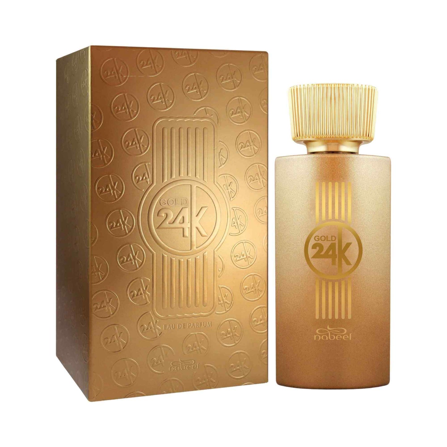 Gold 24K perfume bottle and packaging on a white background