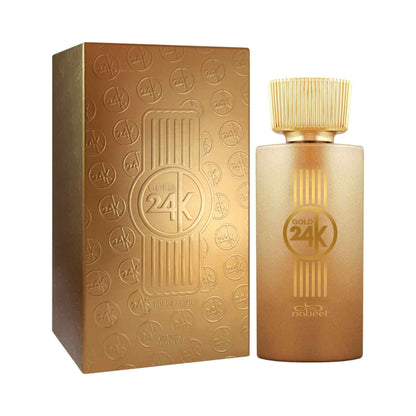 Gold 24K perfume bottle and packaging on a white background
