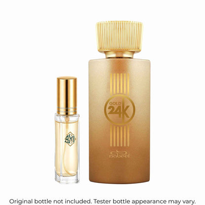 Nabeel Gold 24K perfume bottle and smaller tester bottle on a white background