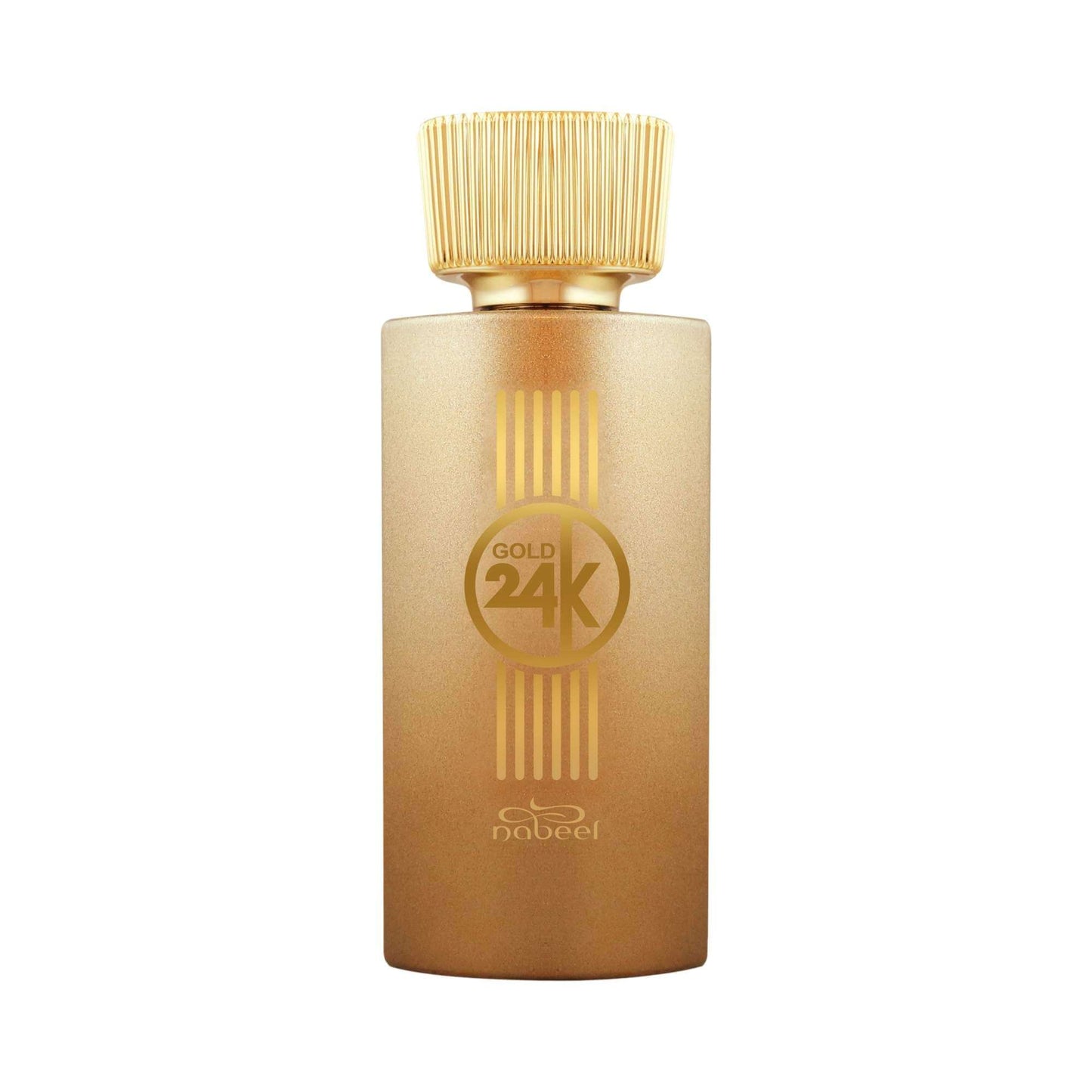 Gold 24K perfume bottle with 'Nabeel' branding on a white background.
