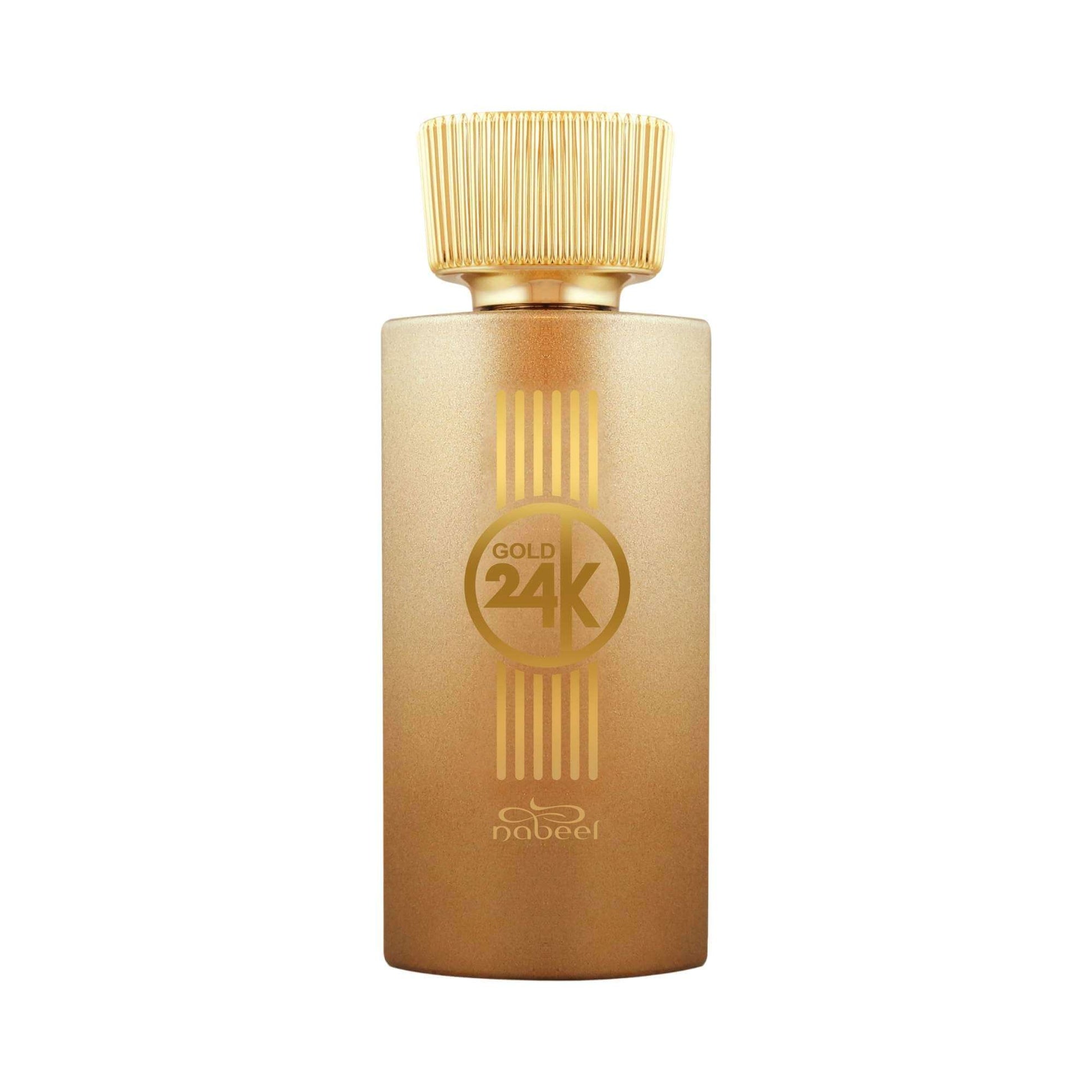 Gold 24K perfume bottle with 'Nabeel' branding on a white background.