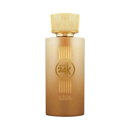 Gold 24K perfume bottle with 'Nabeel' branding on a white background.