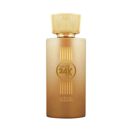 Gold 24K perfume bottle with 'Nabeel' branding on a white background.