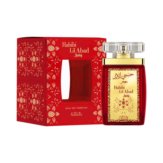 Habibi Lil Abad Ruby Eau De Parfum bottle and its red patterned packaging box, featuring gold lettering and Arabic calligraphy on a white background.