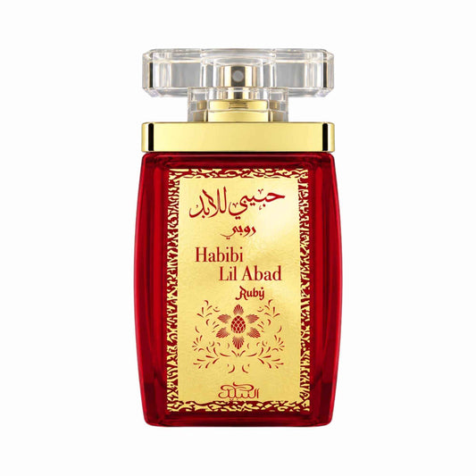 A rectangular red perfume bottle with a gold label and gold trim, topped with a clear cap, on a plain white background. The label reads 'Habibi Lil Abad' and 'Rubij'.