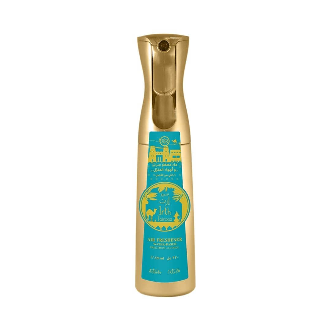 Gold air freshener bottle with a turquoise sticker that has Nabeel and Irth Fairooz branding on a white background.