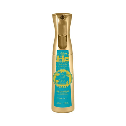 Gold air freshener bottle with a turquoise sticker that has Nabeel and Irth Fairooz branding on a white background.