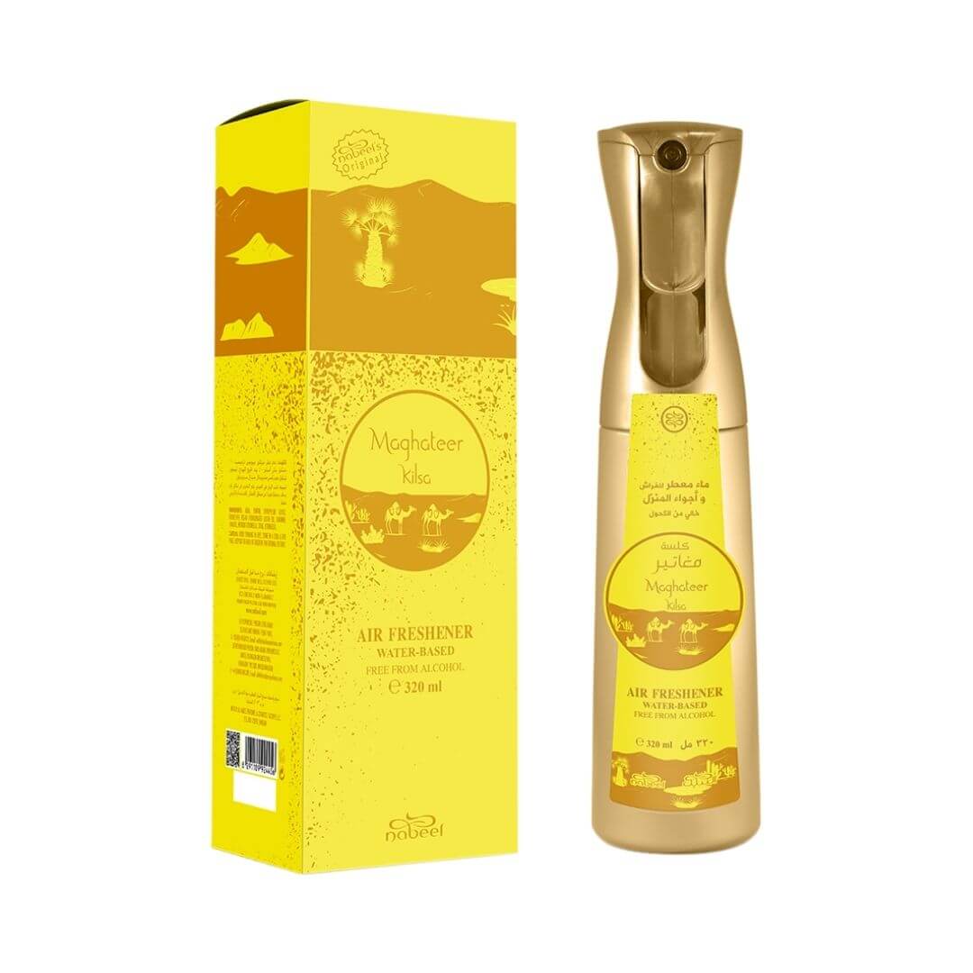 A bottle and matching box of Magheleer Kilsa water based air freshener featuring a bright yellow and gold design with desert-themed illustrations, shown on a plain white background.
