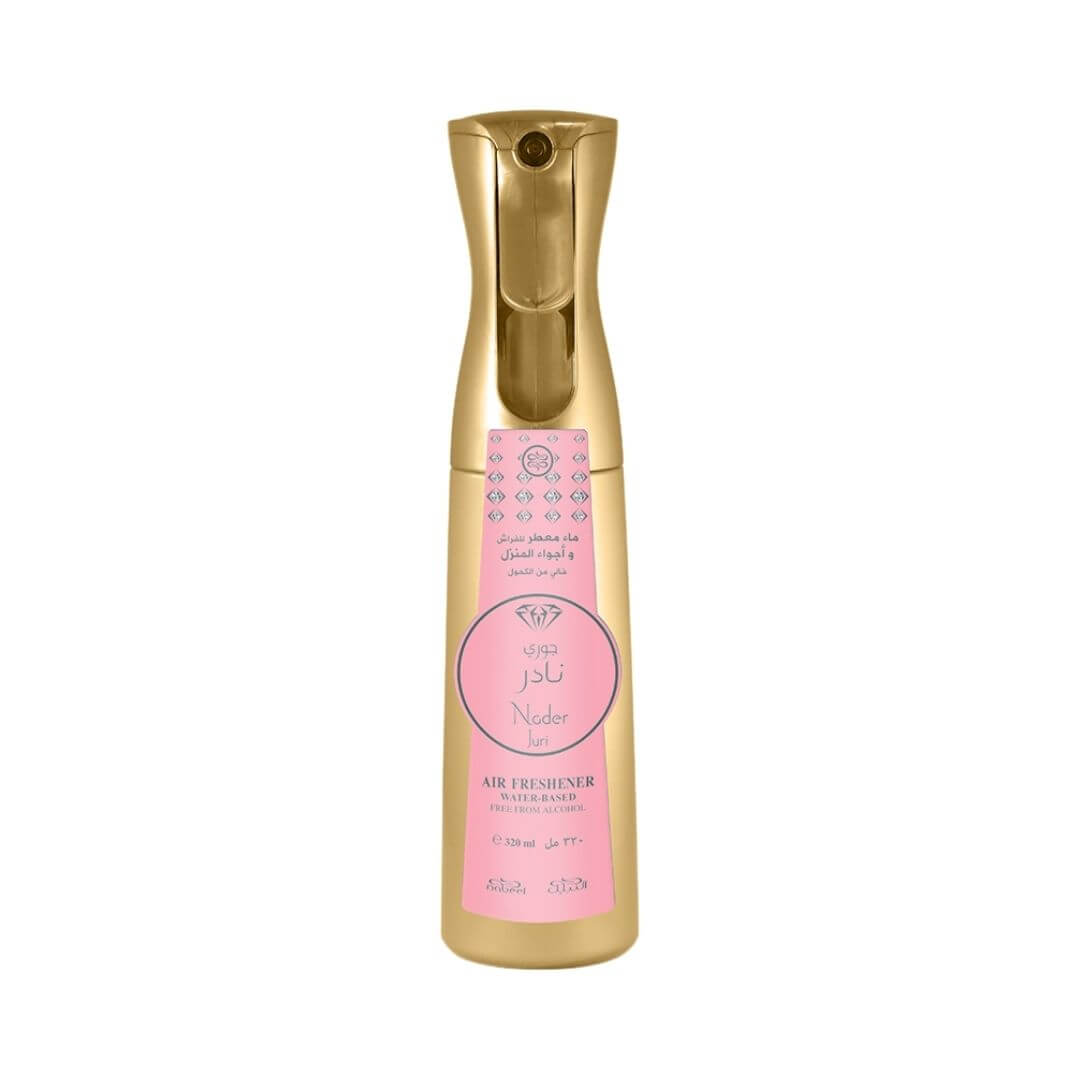 A gold spray bottle of Nader Juri Water Based Air Freshener with a pink label, shown against a plain white background.