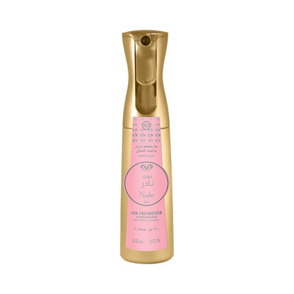 A gold spray bottle of Nader Juri Water Based Air Freshener with a pink label, shown against a plain white background.