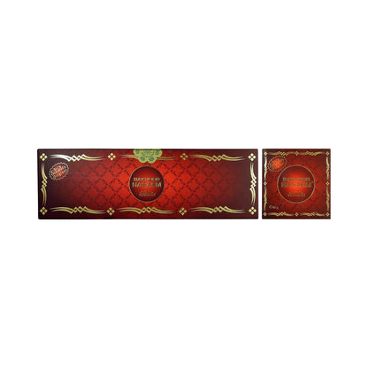 Two red incense boxes with gold accents on a white background