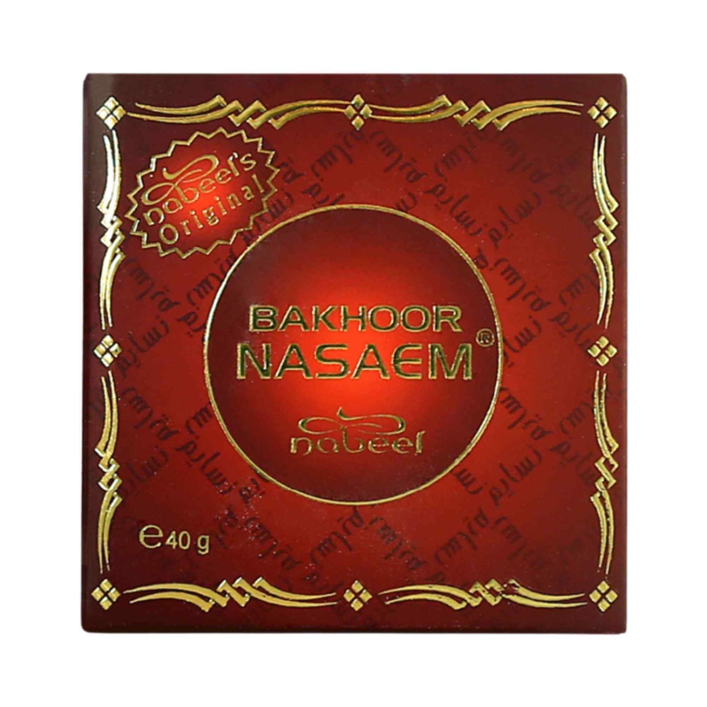 Bakhoor Nasaem red packaging with gold text on a white background.