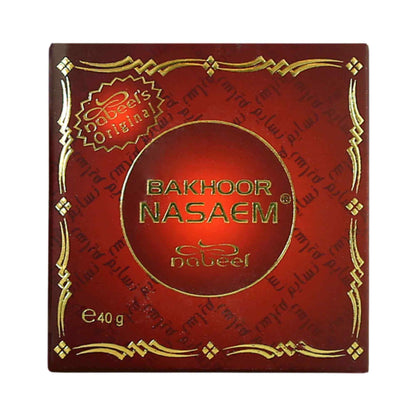Bakhoor Nasaem red packaging with gold text on a white background.