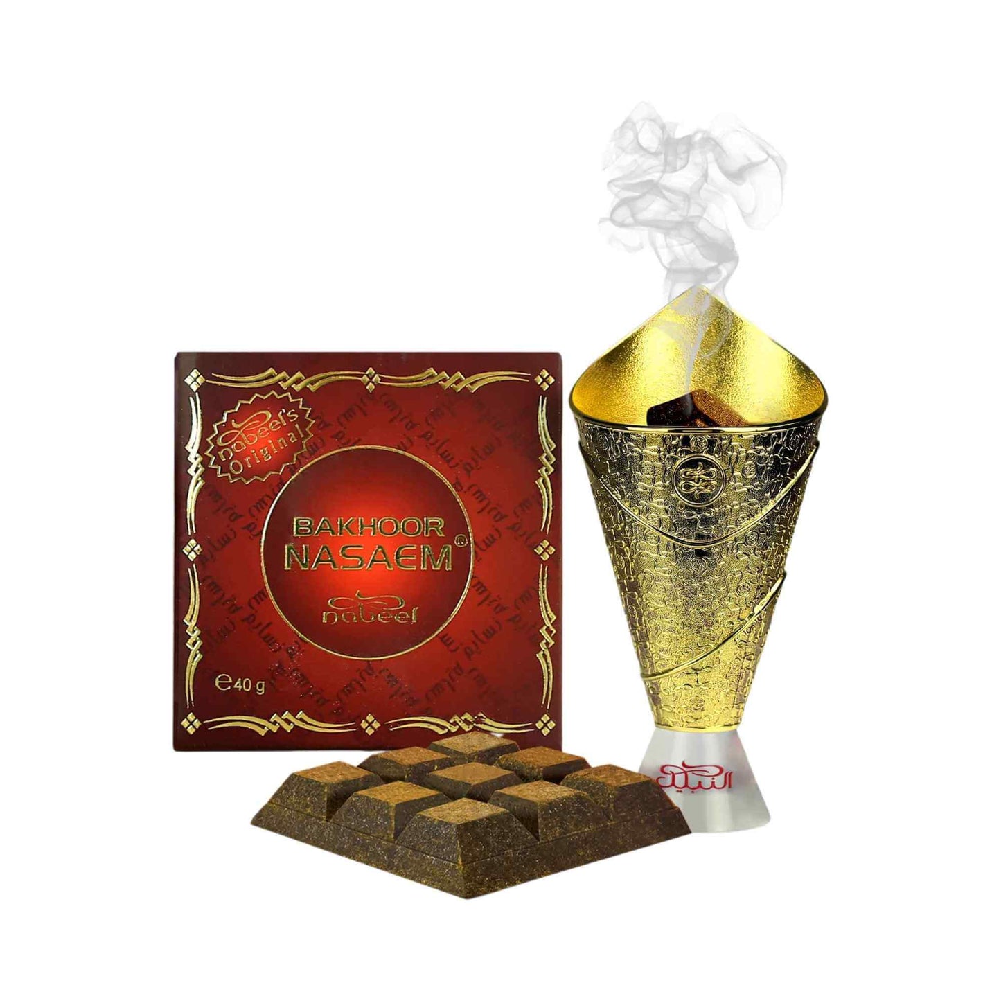 Bakhoor Nasaeem incense product with packaging and burner on a white background.