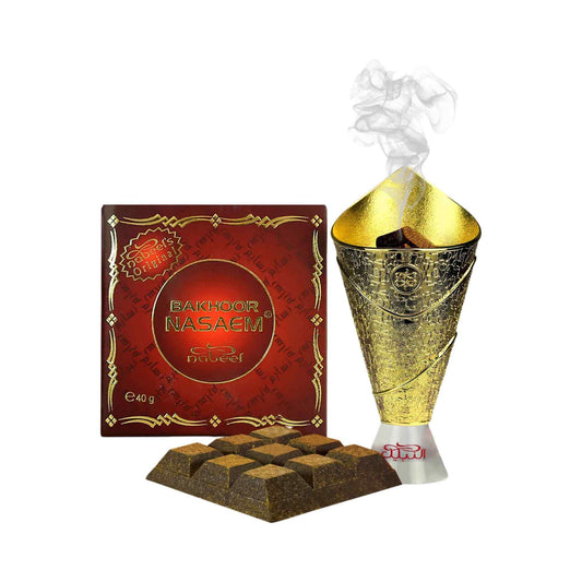 Bakhoor Nasaeem incense product with packaging and burner on a white background.
