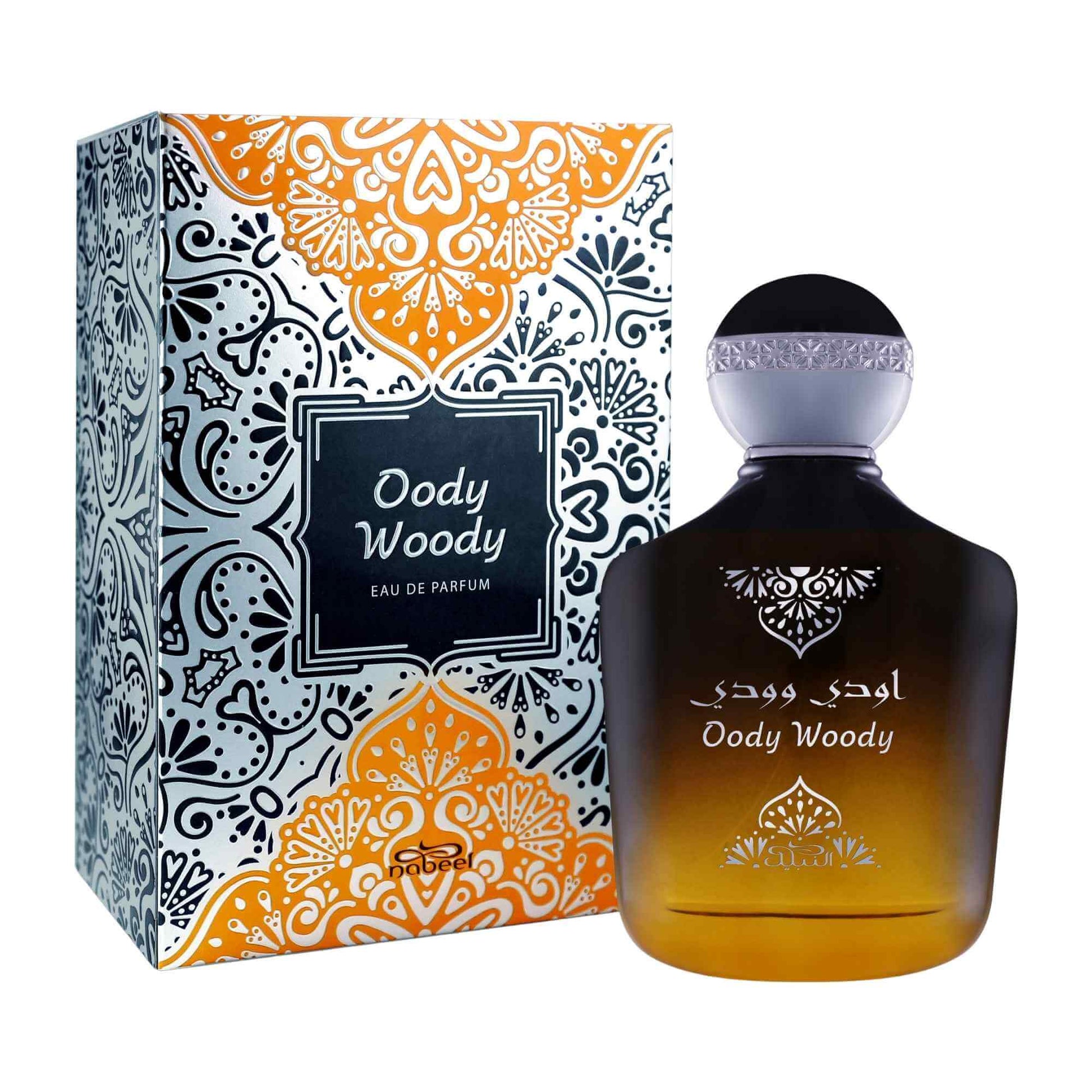 Nabeel Oody Woody perfume bottle and packaging on a white background
