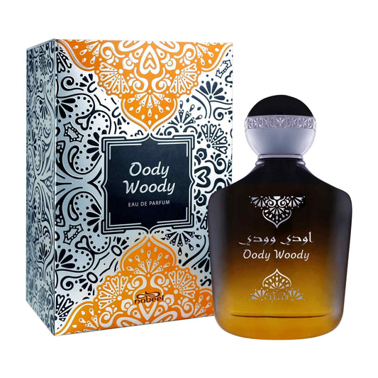 Nabeel Oody Woody perfume bottle and packaging on a white background