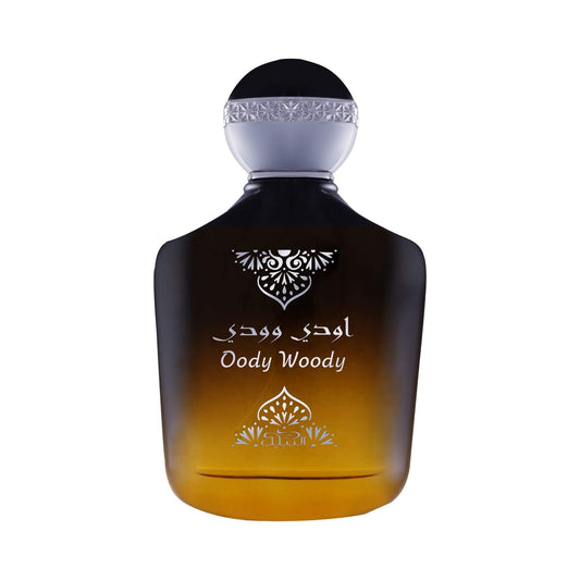 Perfume bottle labeled 'Oody Woody' with decorative design on a white background.