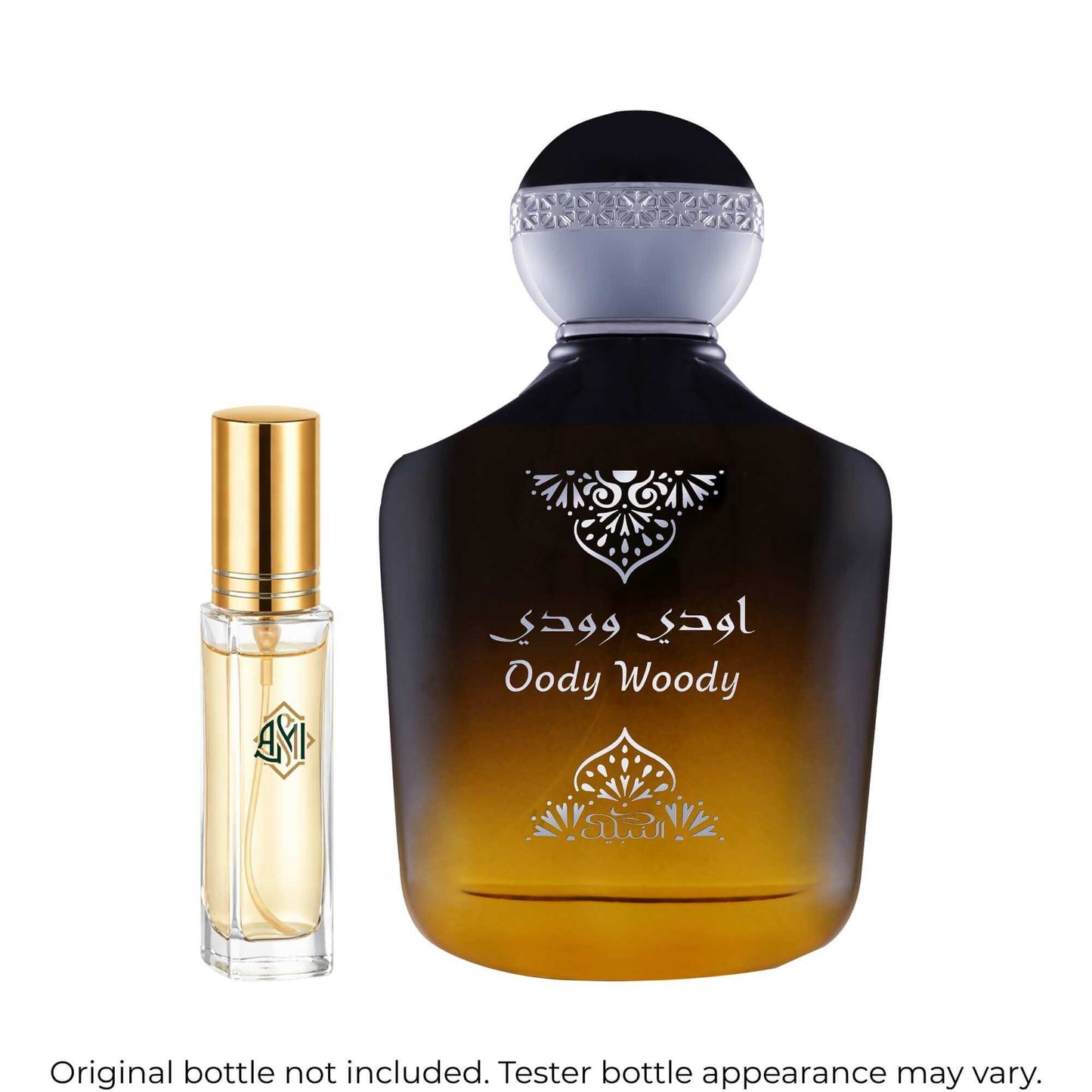 Two perfume bottles, one large and one small, with decorative labels on a white background.
