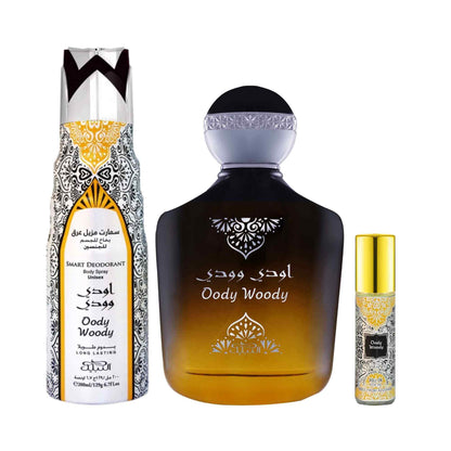 Three bottles one a deodorant bottle with fancy design, perfume bottle, and small bottle all with 'Oody Woody' written and a gold and brown themed design.
