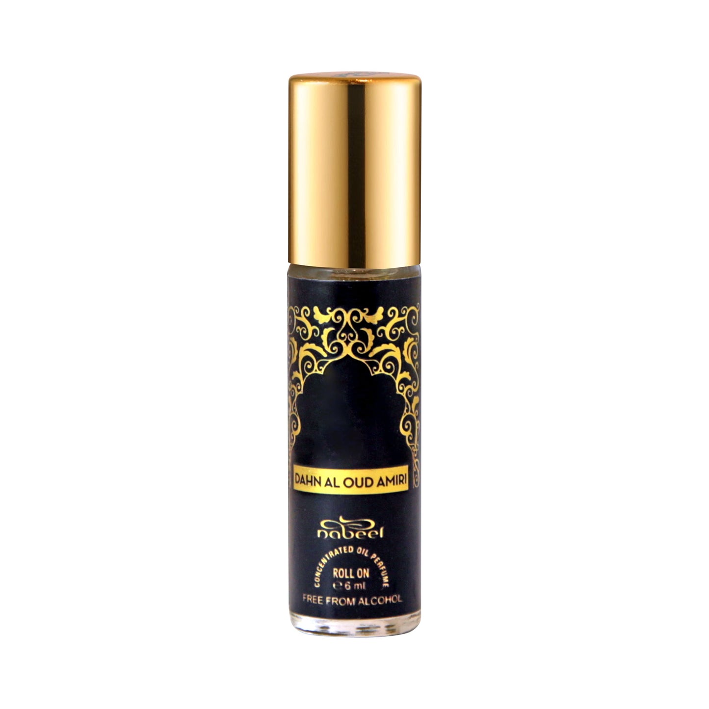 Nabeel Dahn Al Oud Amiri 6mL roll on attar oil bottle. Amani Manor