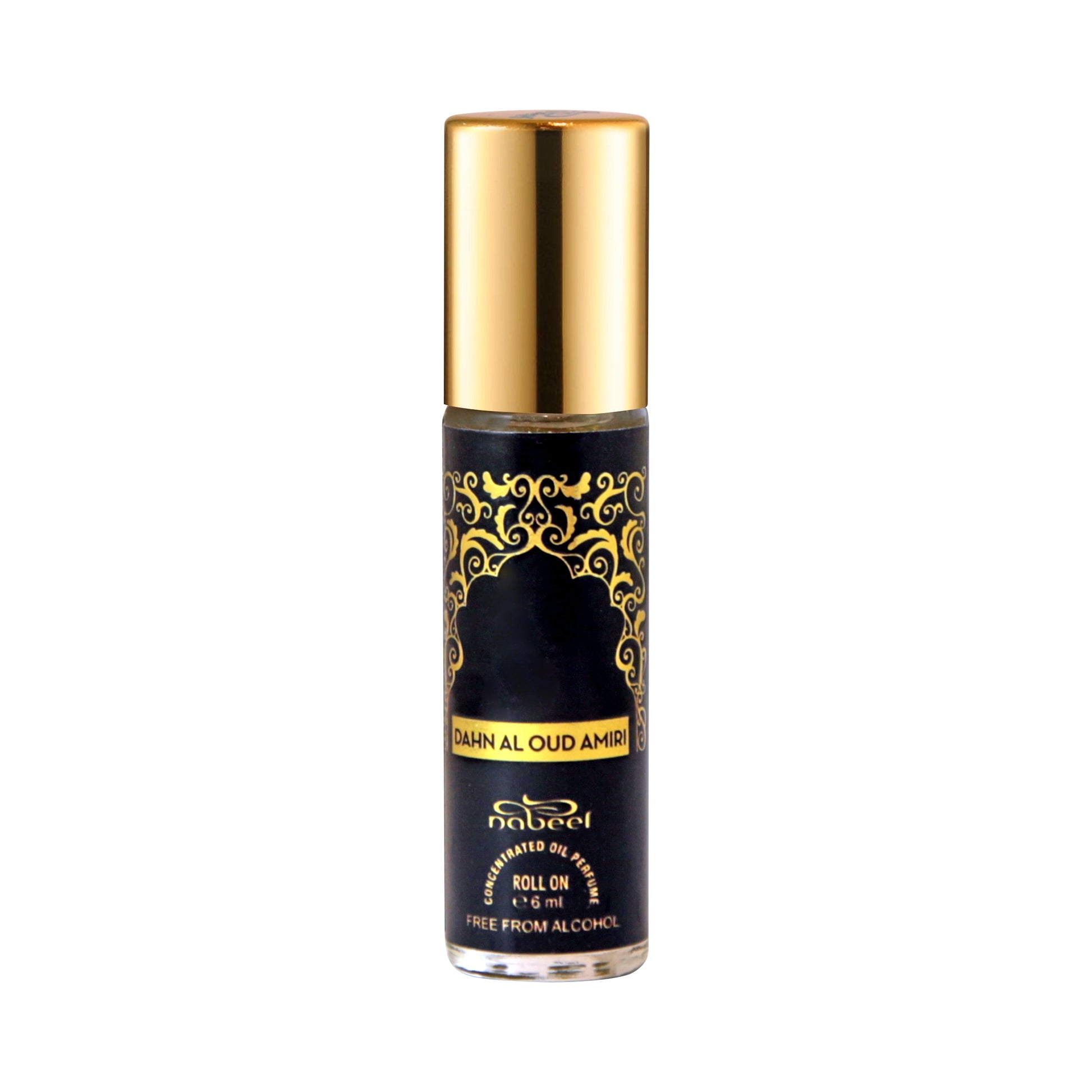 Nabeel Dahn Al Oud Amiri 6mL roll on attar oil bottle. Amani Manor