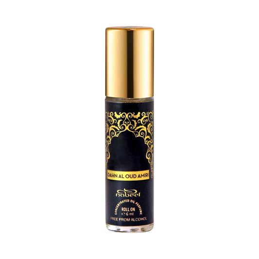 Nabeel Dahn Al Oud Amiri 6mL roll on attar oil bottle. Amani Manor