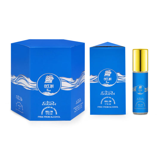 Nabeel attar Ocean Blue 6mL roll on attar oil with packaging. Amani Manor