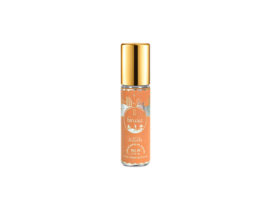 Roll-on bottle with gold cap and orange label on a white background. Amani Manor