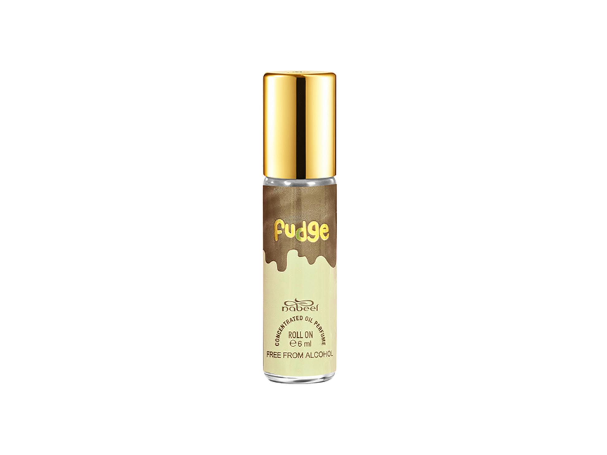 Fudge scented roll-on product with gold cap on a white background