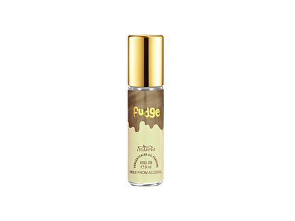 Fudge scented roll-on product with gold cap on a white background