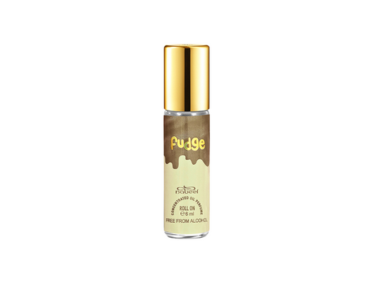 Fudge scented roll-on product with gold cap on a white background