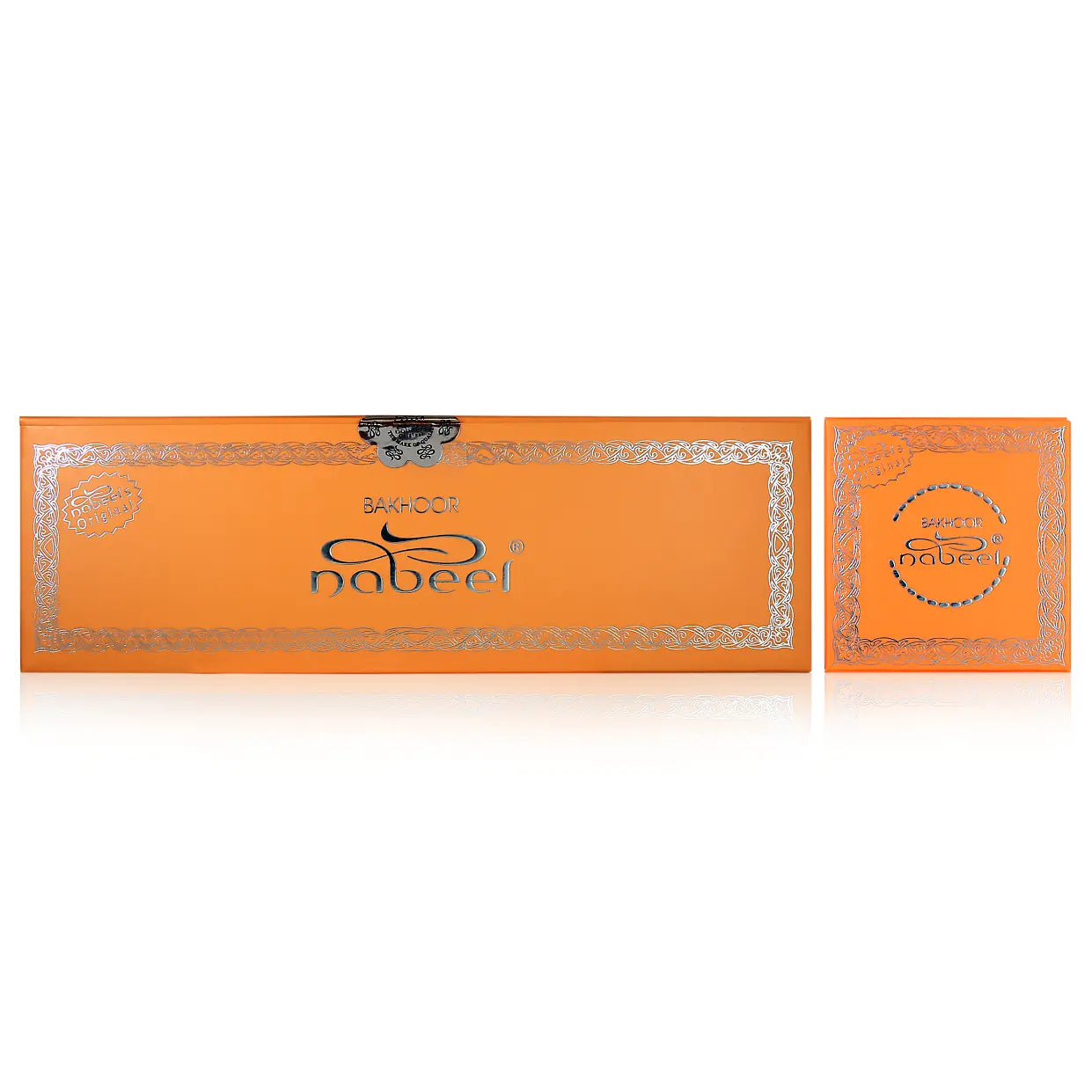 Orange incense box with silver accents and 'Nabeel' branding on a white background