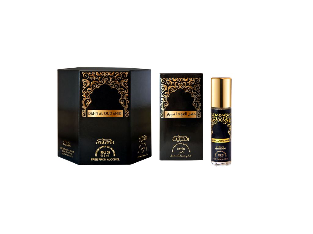 Nabeel Dahn Al Oud Amiri 6mL roll on perfume oil with packaging. Amani Manor