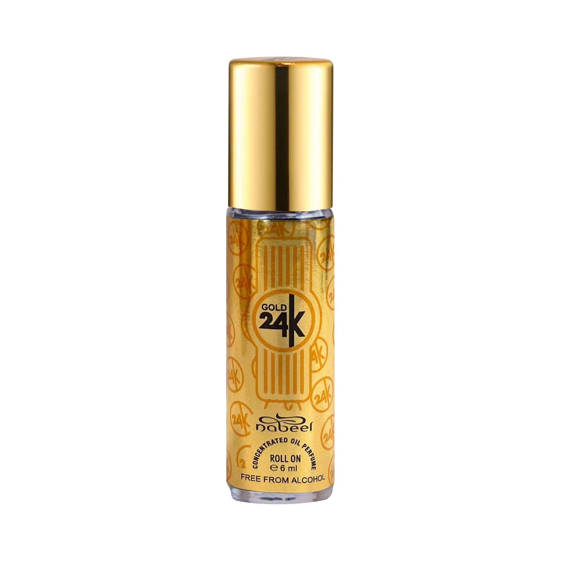 Nabeel Gold 24K 6mL roll on fragrance oil bottle. Amani Manor