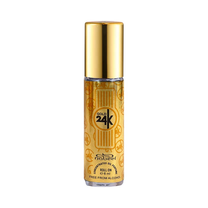 Nabeel Gold 24K 6mL roll on fragrance oil bottle. Amani Manor