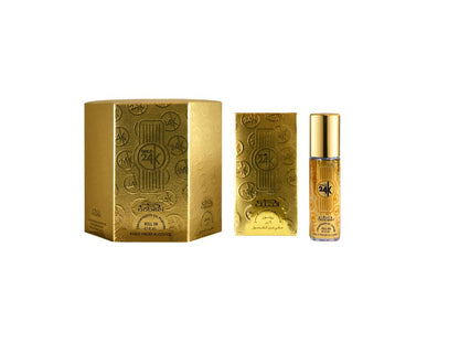 Nabeel Gold 24K attar oil bottle with packaging. Amani Manor