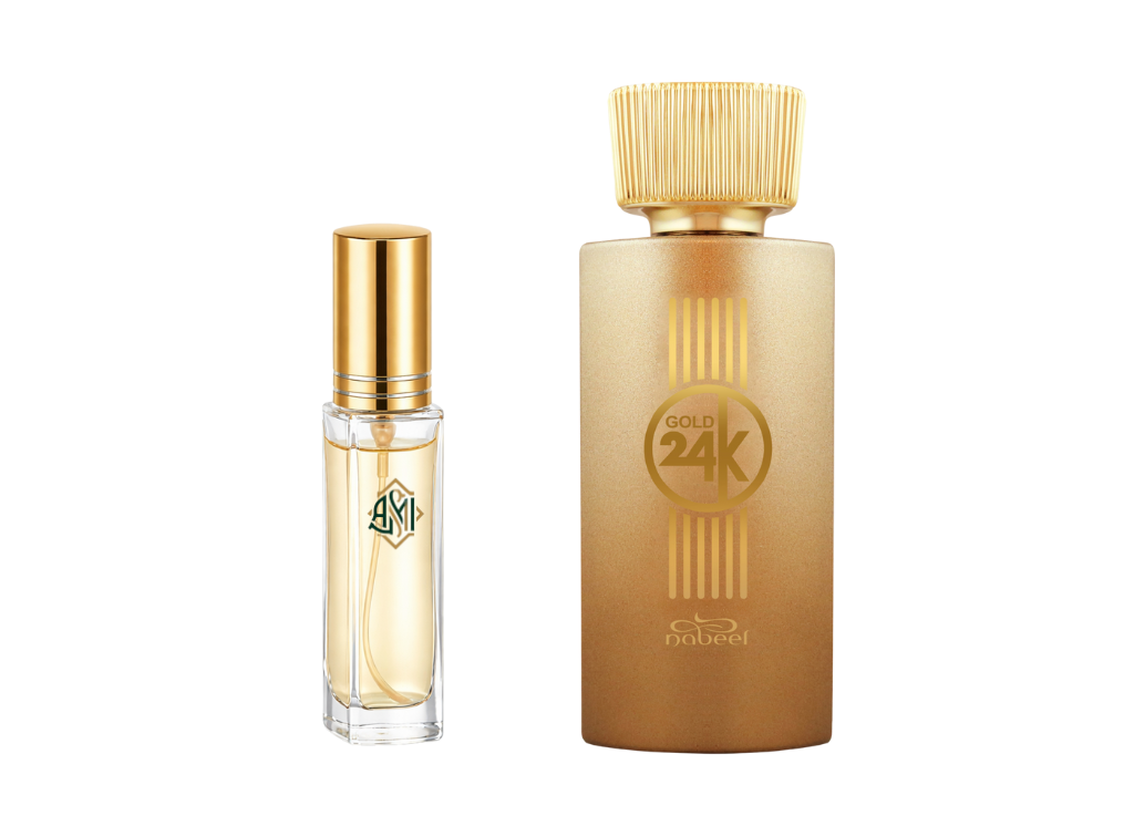Two perfume bottles, one small and one large, with gold accents on a white background.