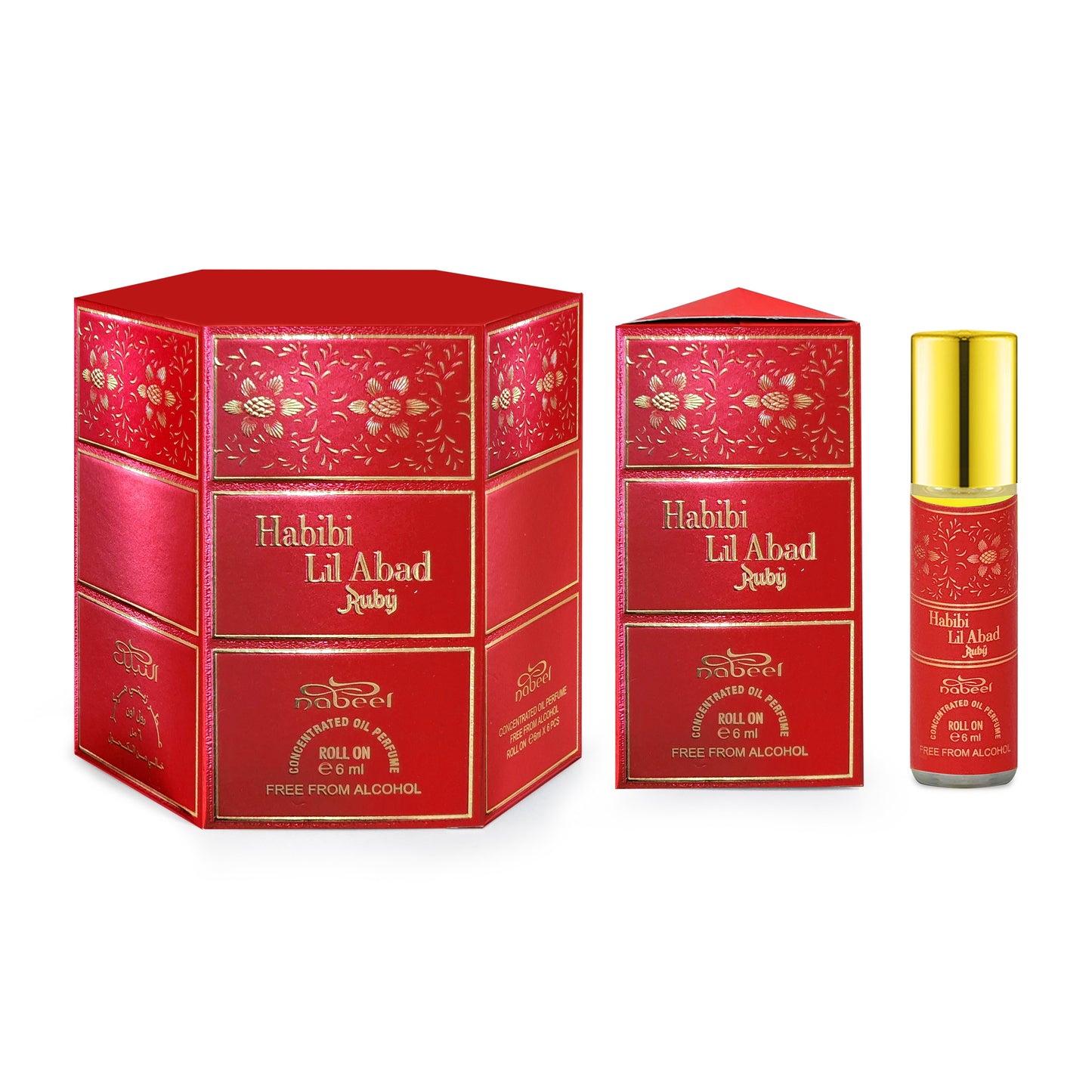 Nabeel attar Habibi Lil Abad Ruby 6mL roll on oil bottle with packaging. Amani Manor