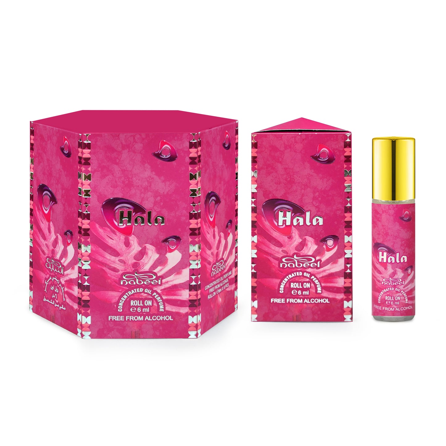 Pink 'Hala' product packaging with a hexagonal box and cylindrical bottle on a white background. Amani Manor