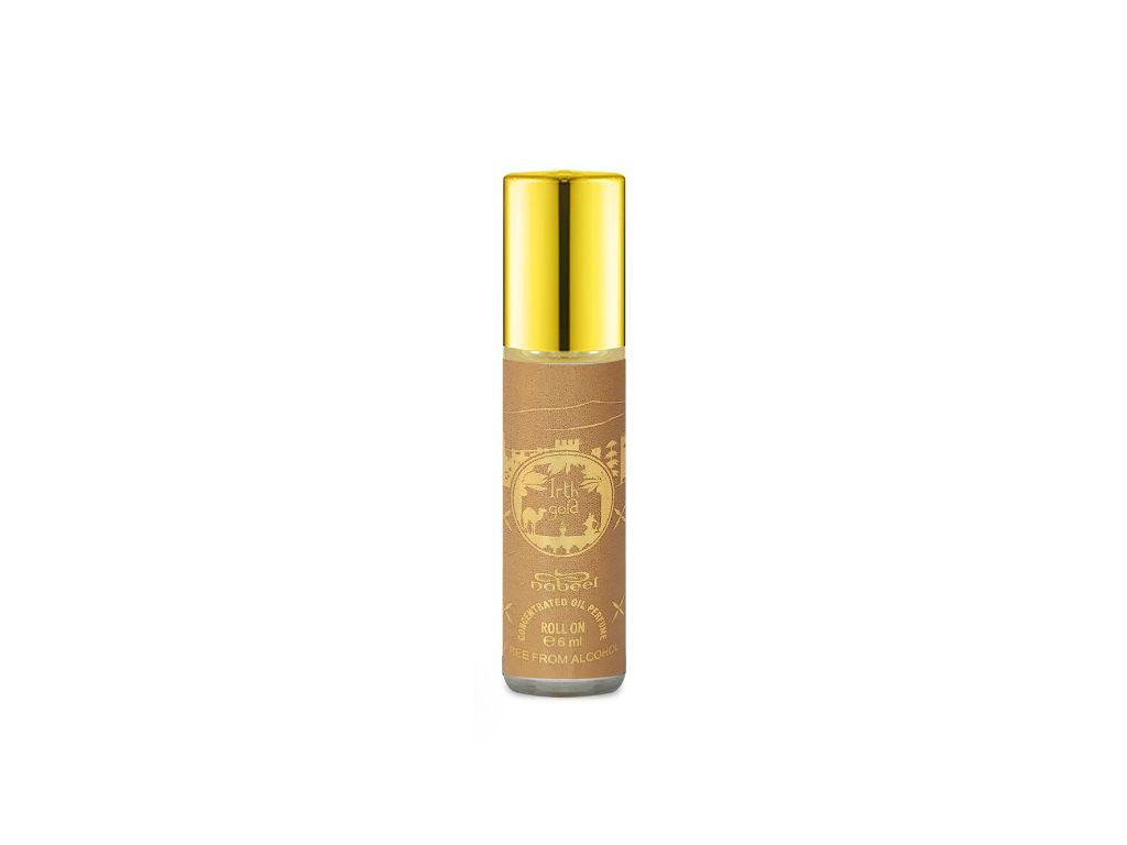 Nabeel attar Irth Gold 6mL roll on perfume oil bottle. Amani Manor