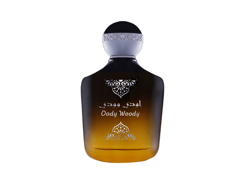Nabeel Oody Woody 100mL perfume bottle on a white background.