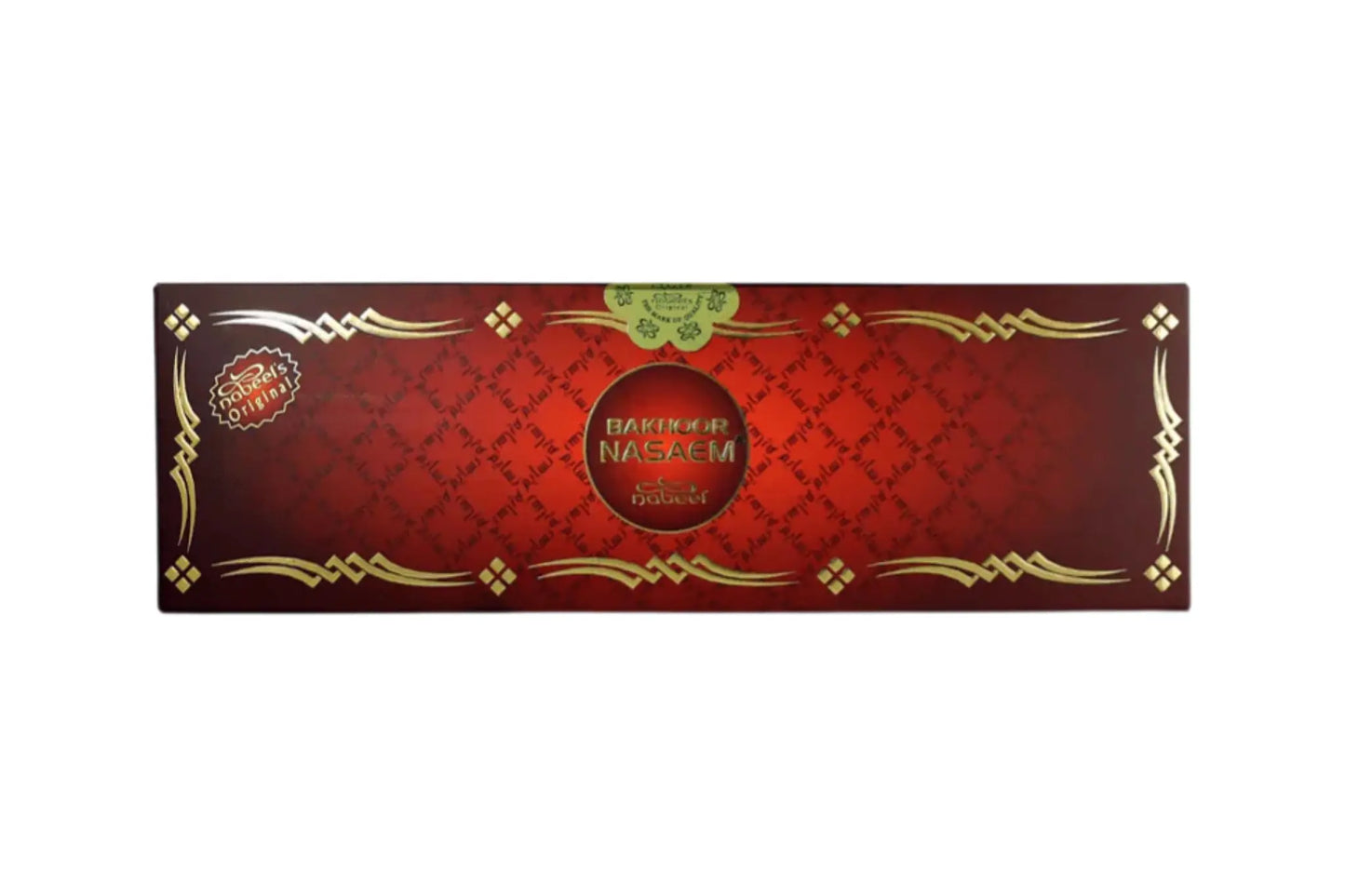Red and gold decorative box with 'Bakhoor Nasaem' branding on a white background