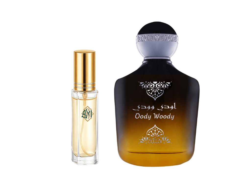 Two perfume bottles, one large and one small, on a white background.