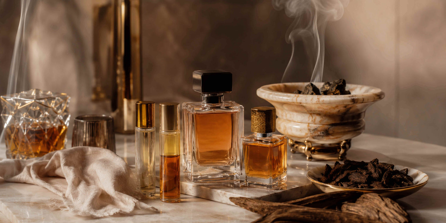 Collection of perfume bottles and incense accessories on a table with a warm, smoky atmosphere.