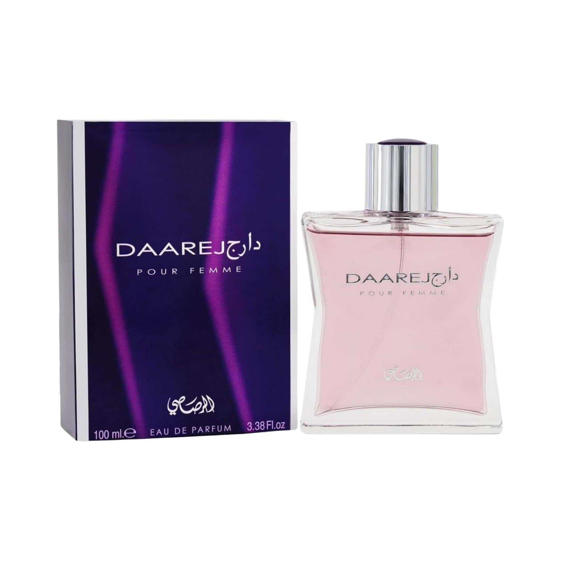 Rasasi Daarej Pour Femme Eau de Parfum 100ml featuring the purple retail box with silver side panels beside the pink glass perfume bottle on a white background.