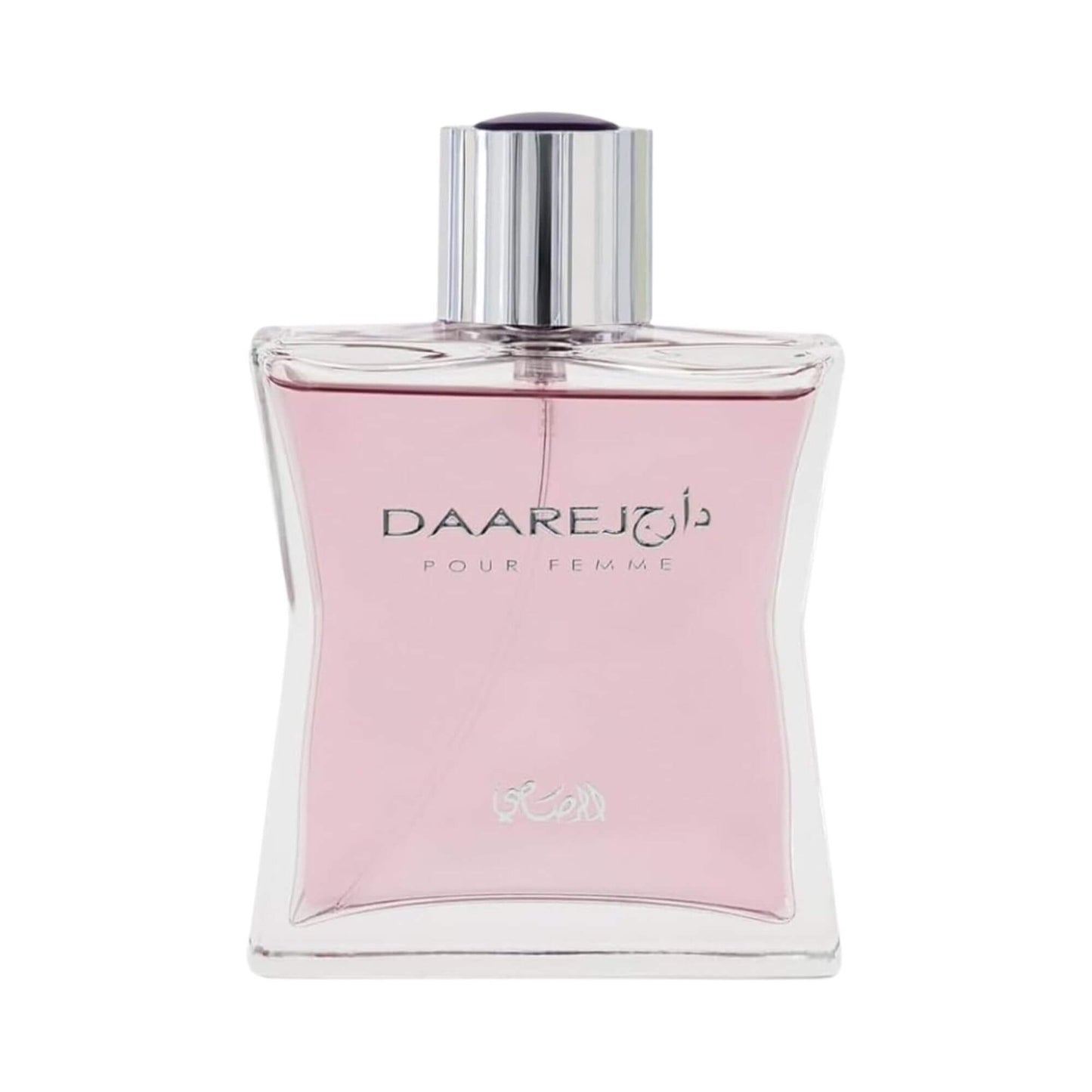 Perfume bottle with pink liquid and 'Daarej Pour Femme' branding on a white background.
